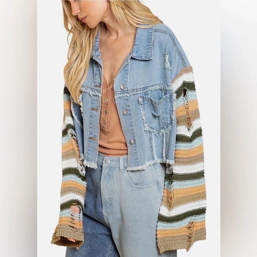 POL Blue Jean Jacket with Multicolor Striped Sleeves - Picture 1 of 4
